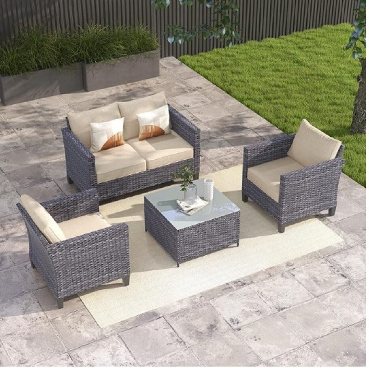 Patio Furniture Set: 4 Piece Wicker Rattan Conversation Set for Yard Porch with Loveseat Chairs, Coffee Table, and High Back Couch for All Weather. Color: Beige